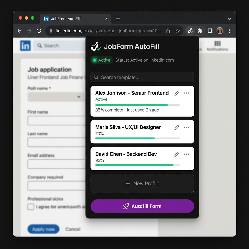 JobForm AutoFill Chrome Extension Popup Mockup